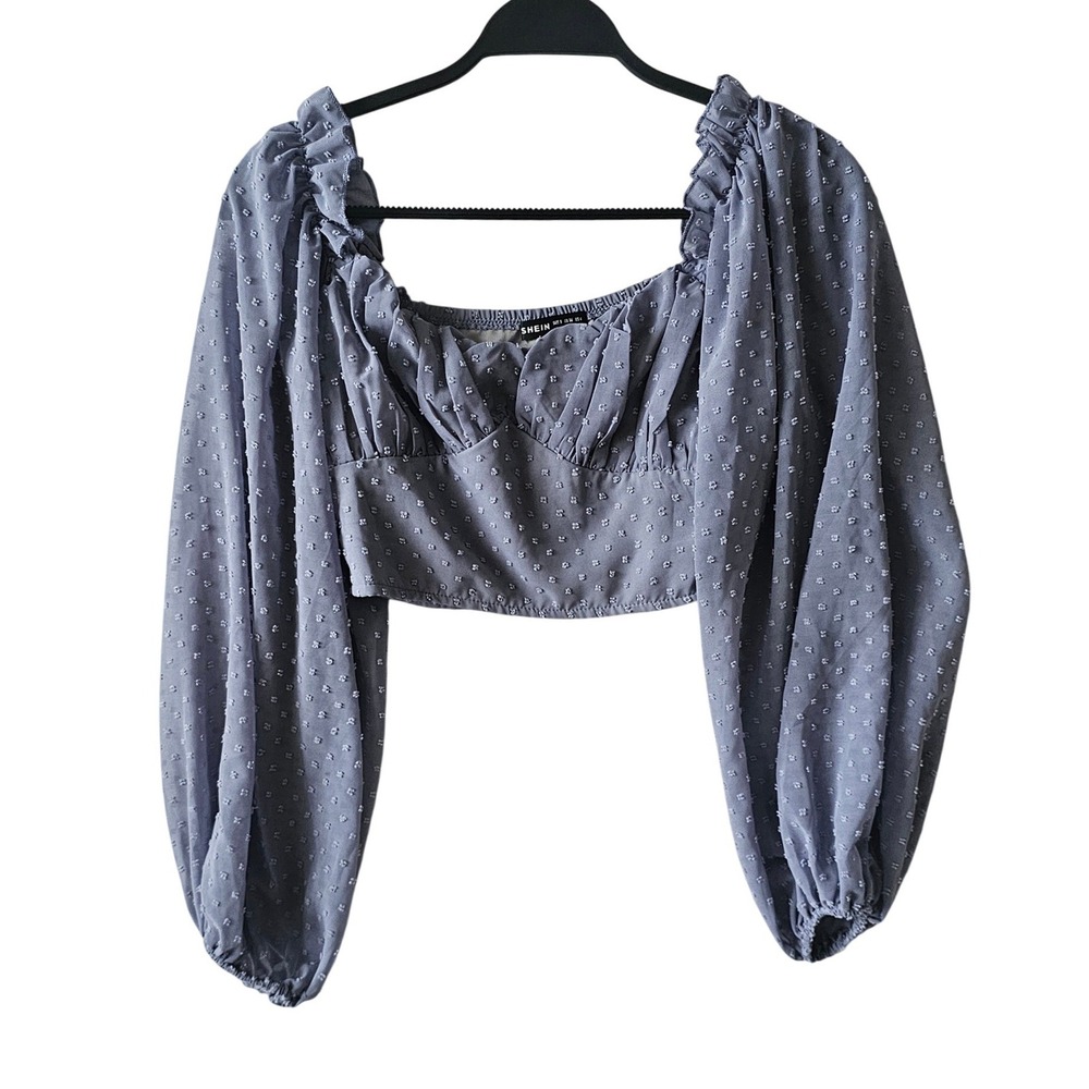 Shein Women Dusty Blue Swiss Dot Balloon Sleeve Crop Top Sweetheart Neck Size S
